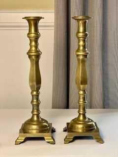 Antique Neoclassical Solid Brass Tall Candlesticks with Footed Base, 19th C.