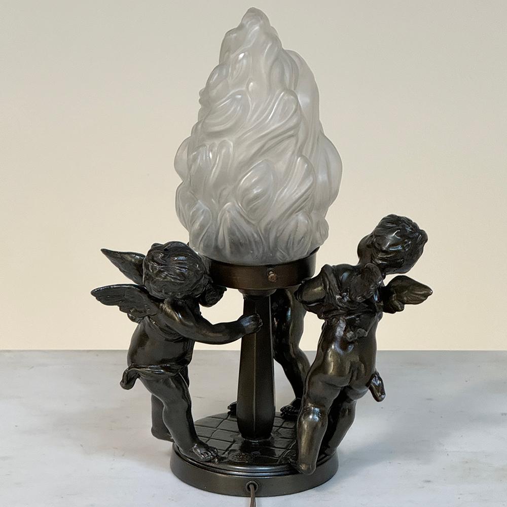 Glass Antique Neoclassical Spelter Table Lamp ~ Girandole With Bronze Finish For Sale