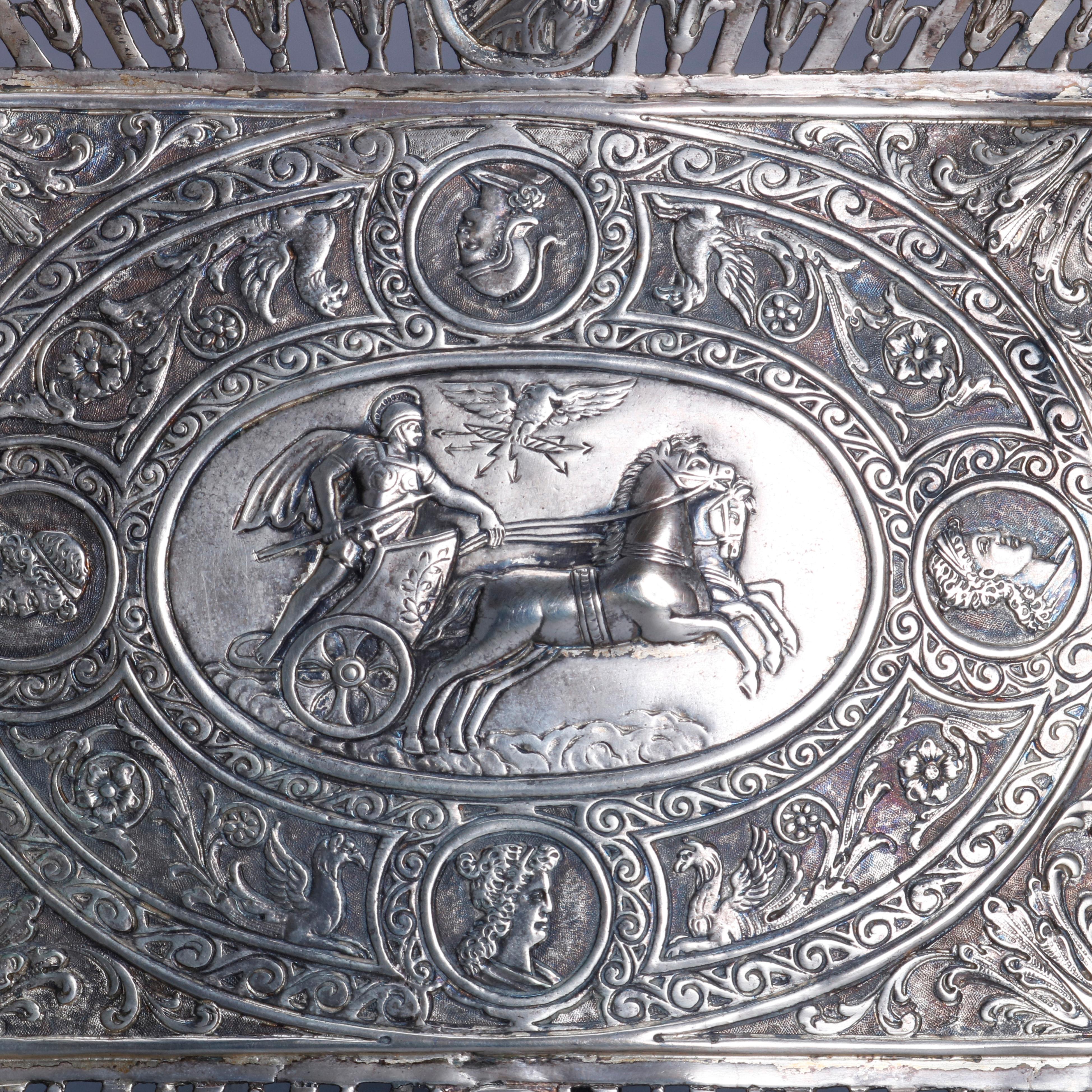 Classical Greek Antique Neoclassical Sterling Silver Tray, Roman Warrior & Chariot, circa 1880