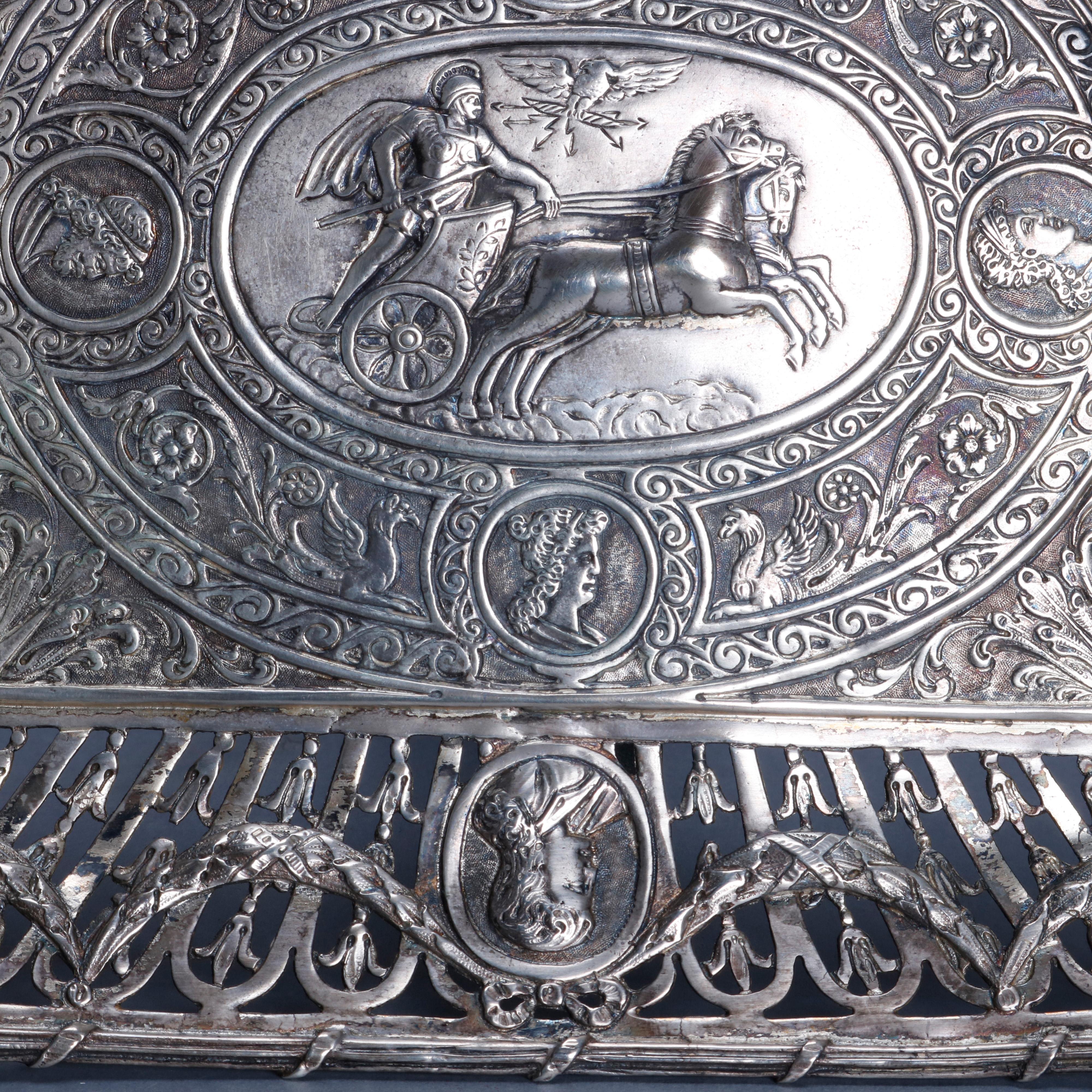 Embossed Antique Neoclassical Sterling Silver Tray, Roman Warrior & Chariot, circa 1880