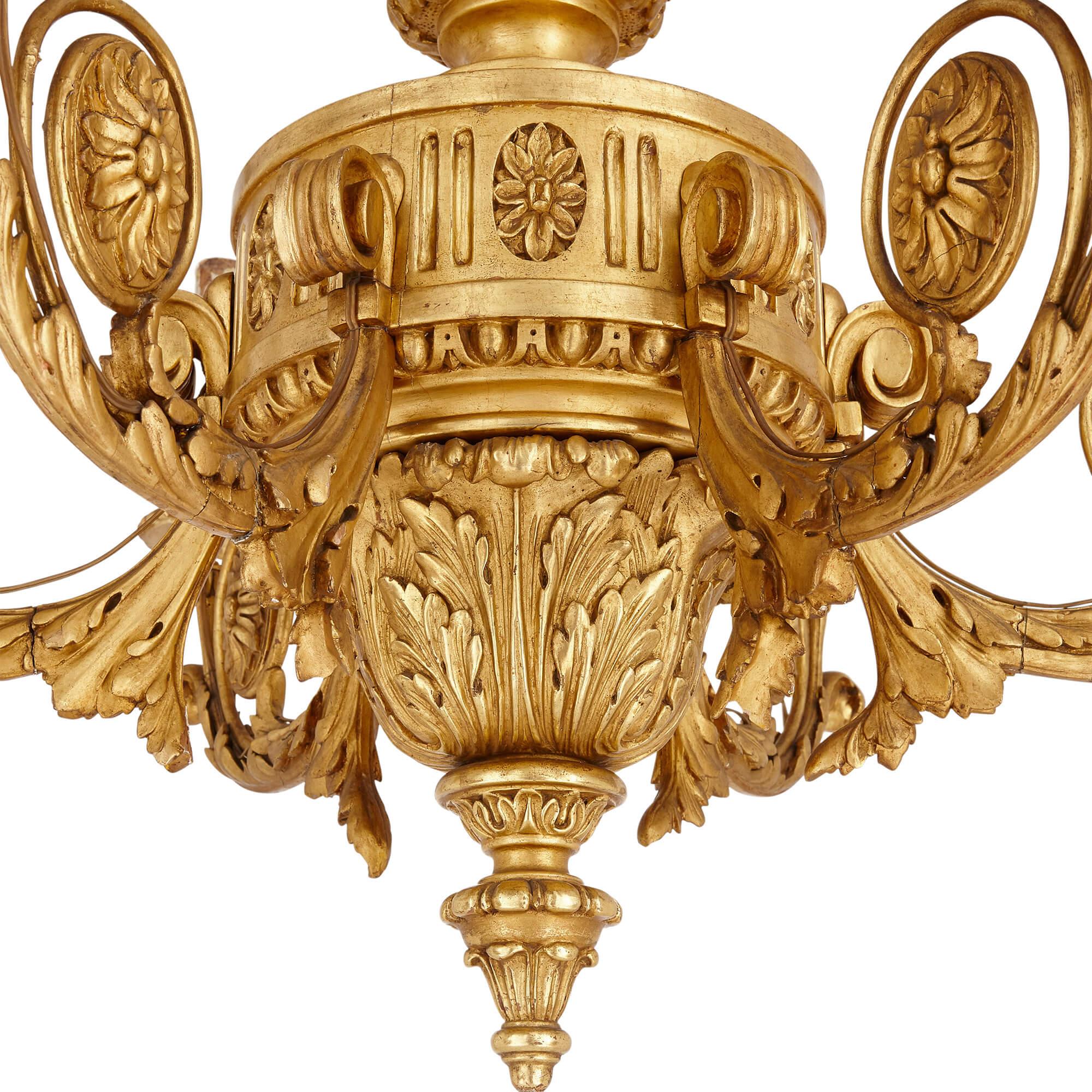 French Antique Neoclassical Style Carved Giltwood Chandelier For Sale