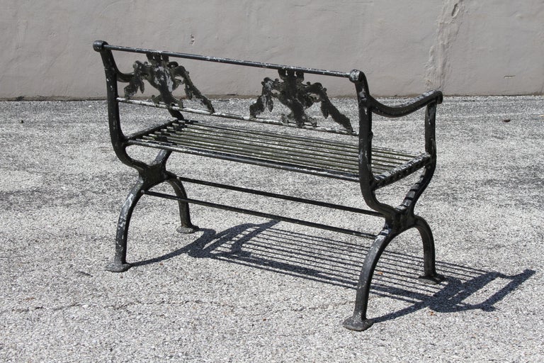Antique Neoclassical Style Cast Aluminum Pair of Garden Patio Benches Urn Motif For Sale 6