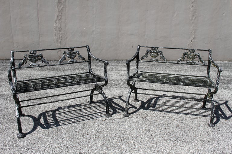 Neoclassical Revival Antique Neoclassical Style Cast Aluminum Pair of Garden Patio Benches Urn Motif For Sale