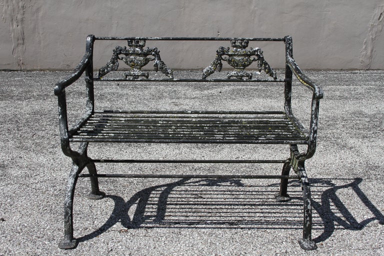Antique Neoclassical Style Cast Aluminum Pair of Garden Patio Benches Urn Motif For Sale 1