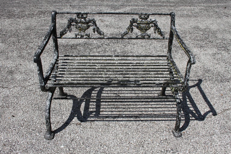 Antique Neoclassical Style Cast Aluminum Pair of Garden Patio Benches Urn Motif For Sale 2