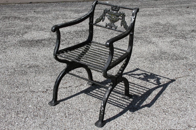 Antique Neoclassical Style Cast Aluminum set of 4 Garden or Patio Arm Chairs For Sale 12