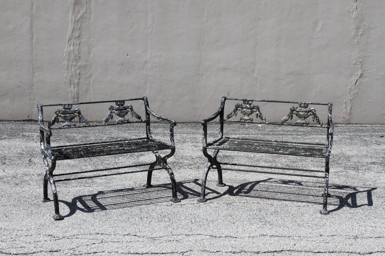 Antique Neoclassical Style Cast Aluminum set of 4 Garden or Patio Arm Chairs For Sale 13