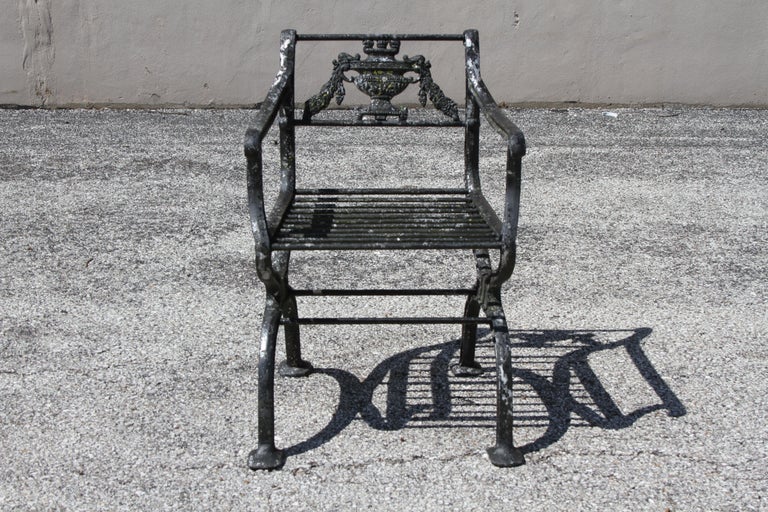 Painted Antique Neoclassical Style Cast Aluminum set of 4 Garden or Patio Arm Chairs For Sale