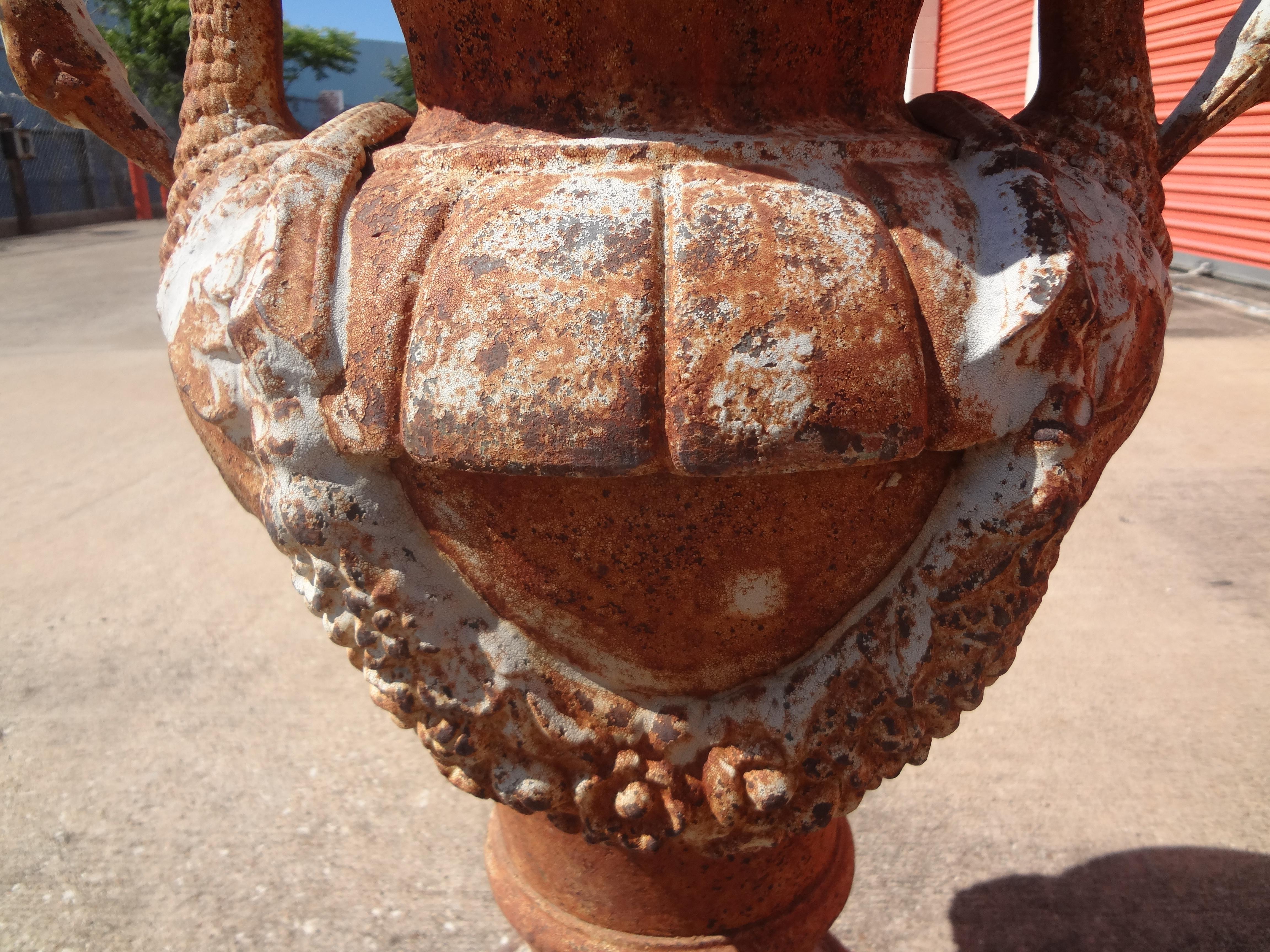 Grande urne de jardin ancienne en fonte de style néoclassique français avec des poignées en forme de cygne et un motif en forme de guirlande. Cette magnifique urne, jardinière ou jardinière néoclassique en fer datant des années 1920 est en très bon