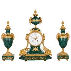 Antique Neoclassical Style French Mantel Clock with Twin Vases