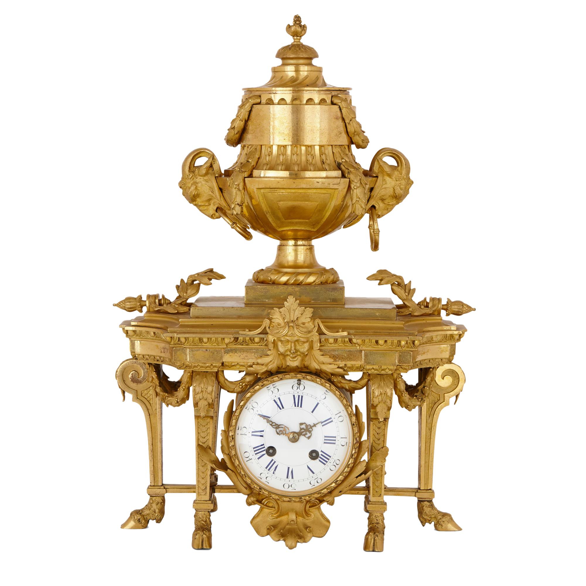 Antique Neoclassical Style Gilt Bronze Mantel Clock