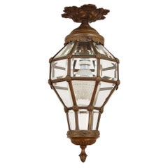 Antiguo Farol de Cristal y Bronce Dorado de Estilo Neoclásico