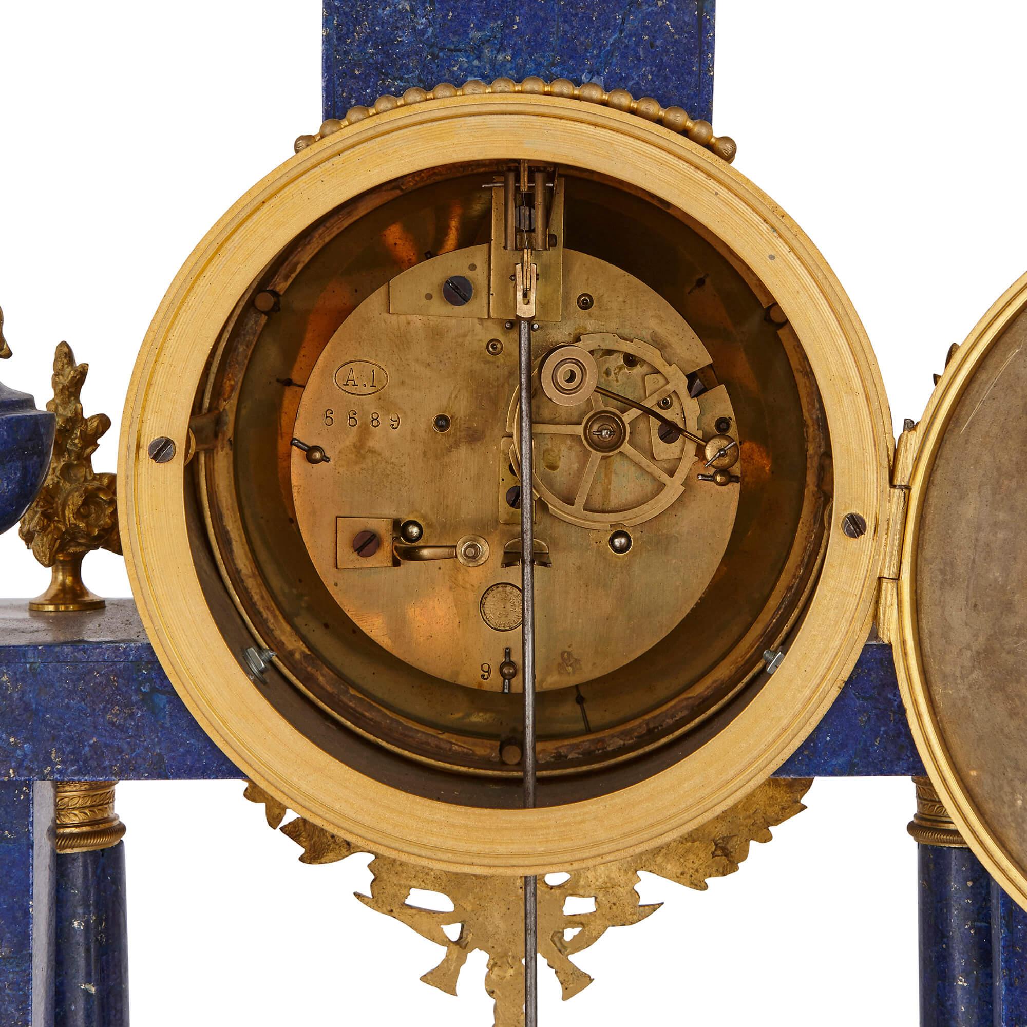 French Antique Neoclassical Style Lapis Lazuli and Gilt Bronze Clock Set