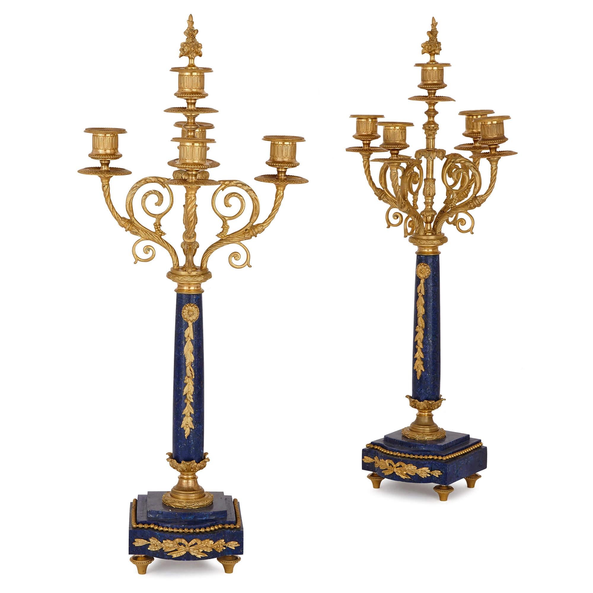 Antique Neoclassical Style Lapis Lazuli and Gilt Bronze Clock Set In Excellent Condition In London, GB