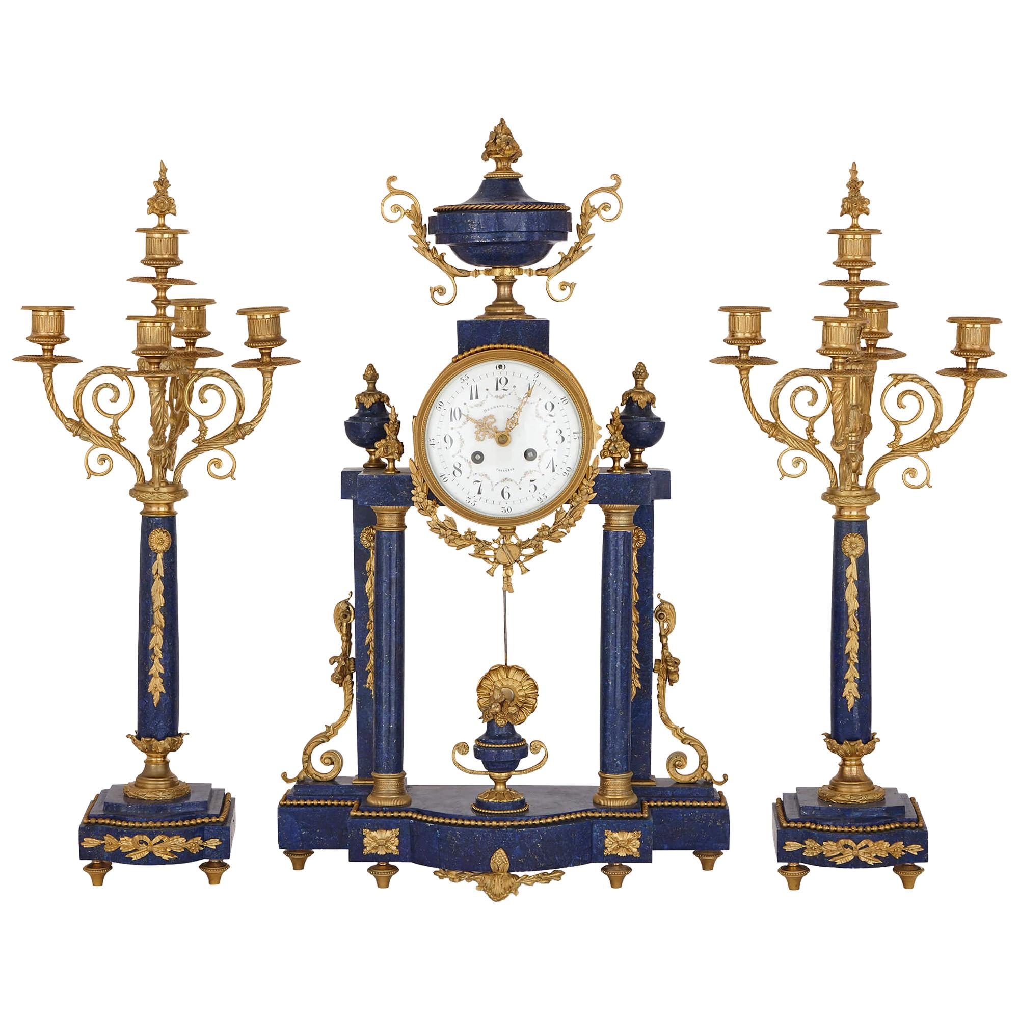 Antique Neoclassical Style Lapis Lazuli and Gilt Bronze Clock Set