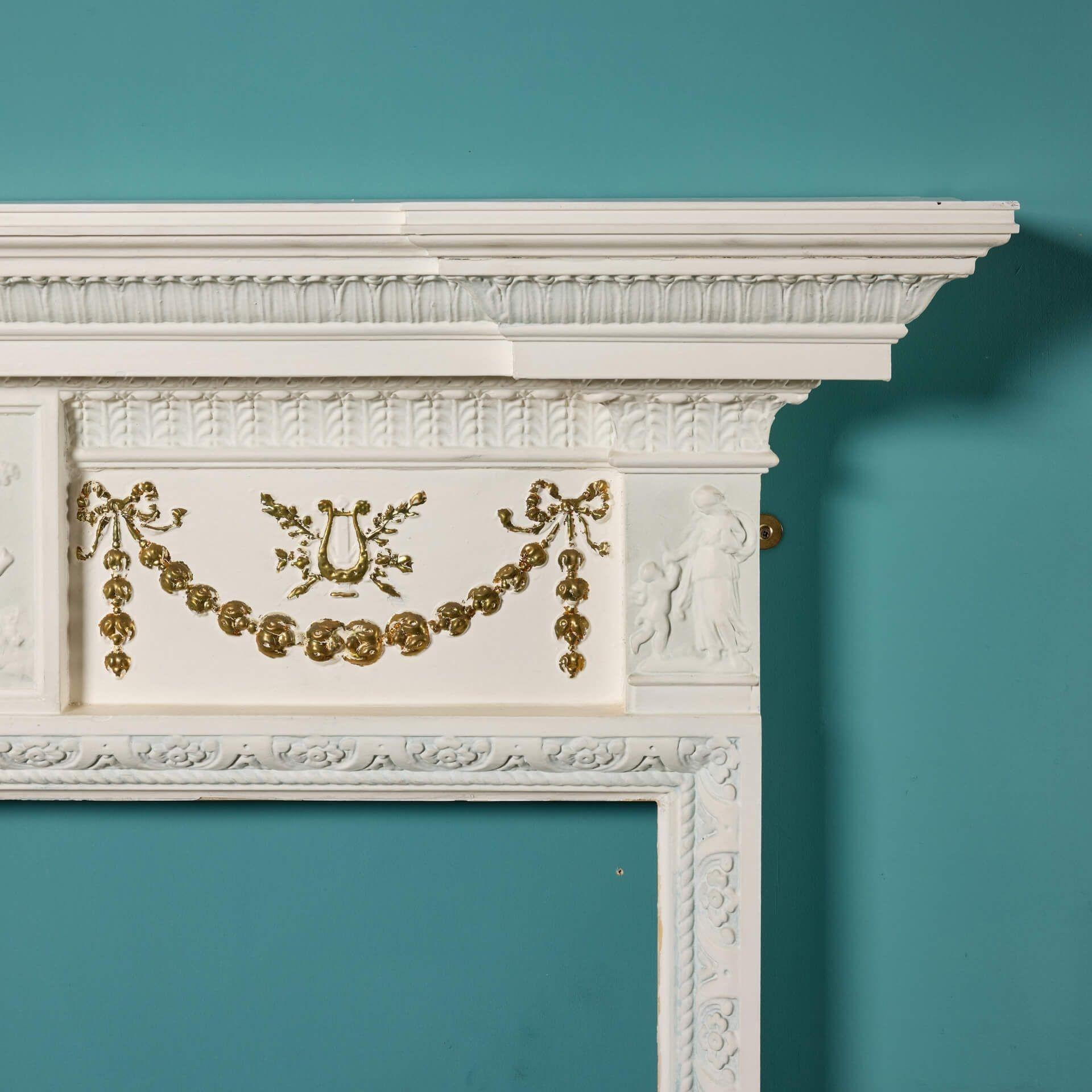 English Antique Neoclassical Style Pine & Composition Fire Mantel For Sale