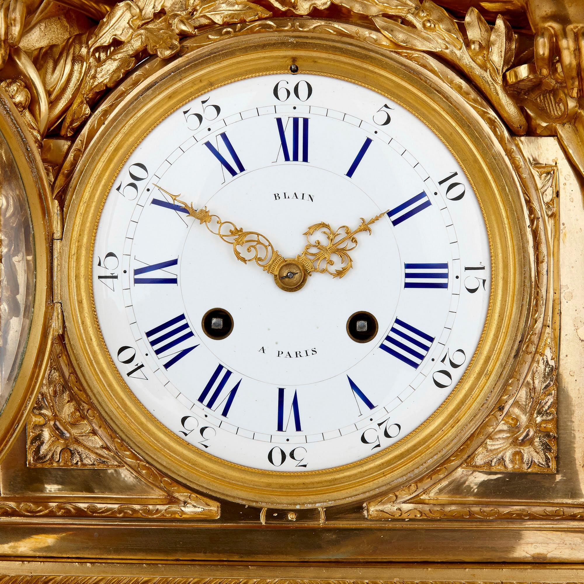 French Antique Neoclassical Style Three-Piece Gilt Bronze Clock Set For Sale