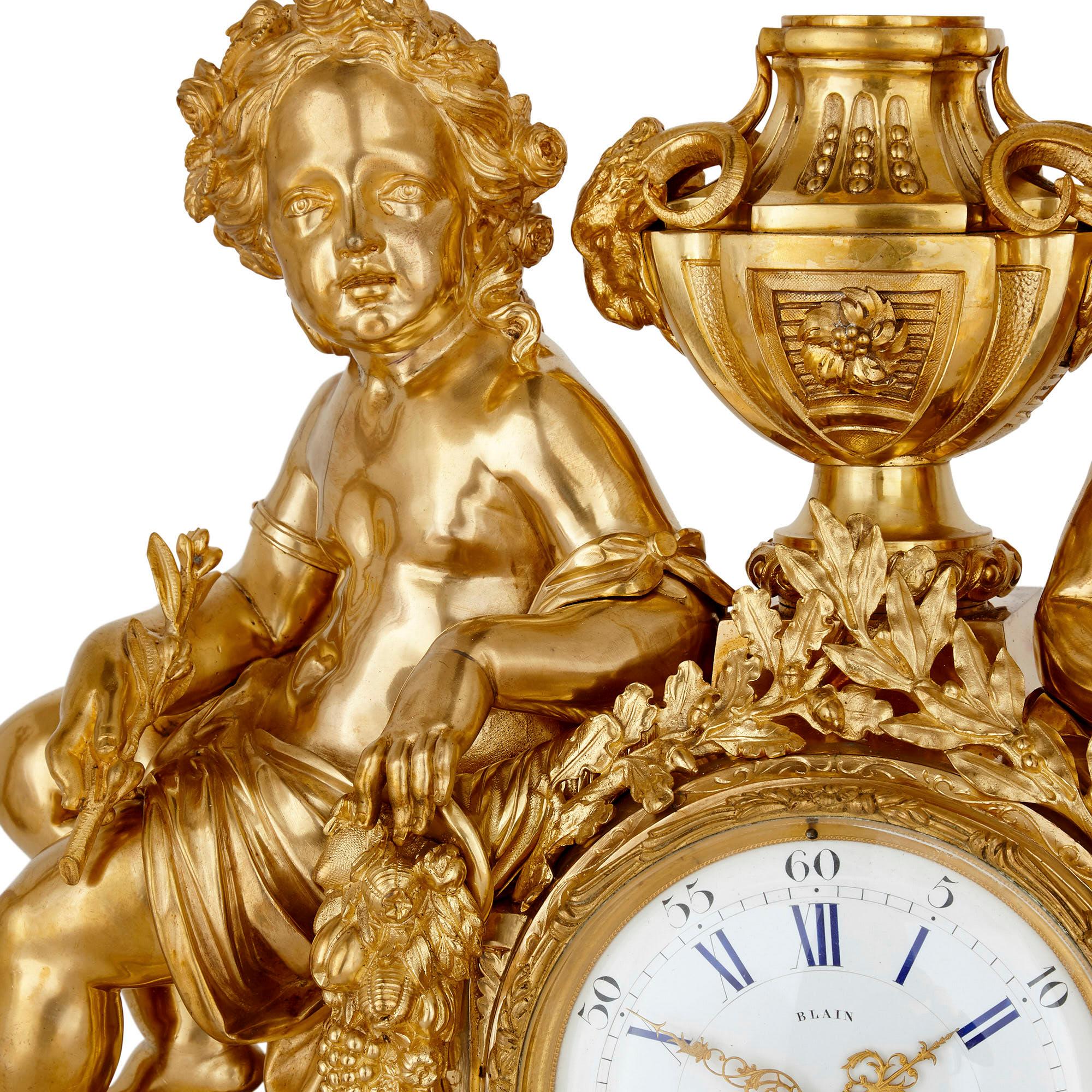 19th Century Antique Neoclassical Style Three-Piece Gilt Bronze Clock Set For Sale