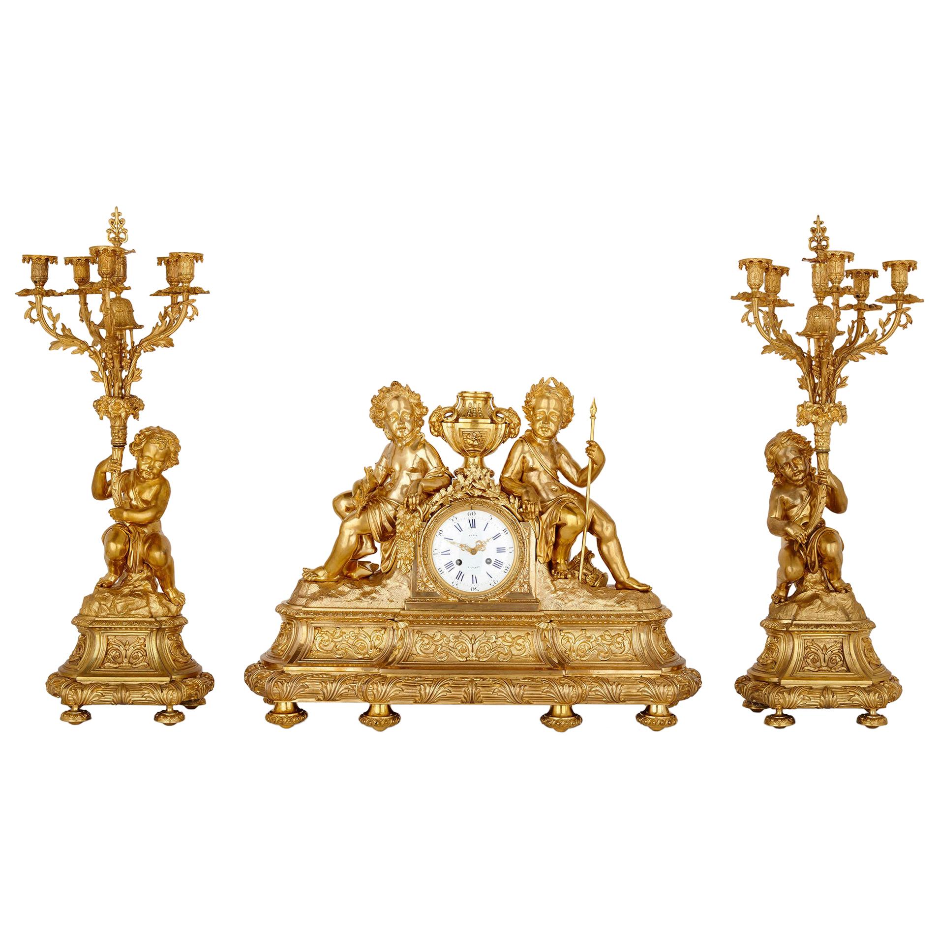 Antique Neoclassical Style Three-Piece Gilt Bronze Clock Set
