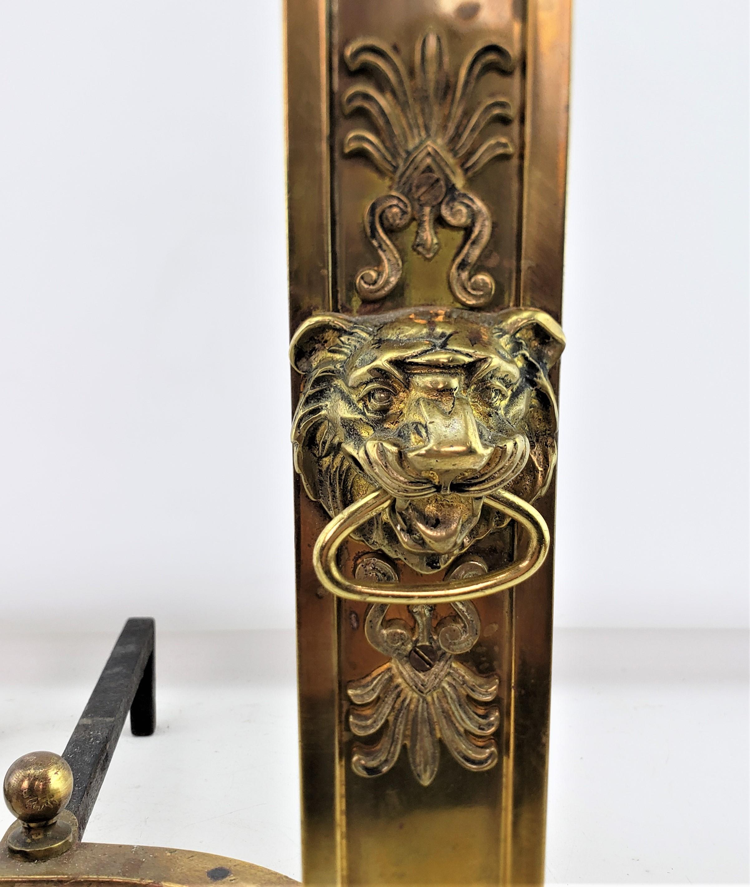 Antique Neoclassical Styled Andirons with Brass Urns & Lion Head Accents For Sale 4