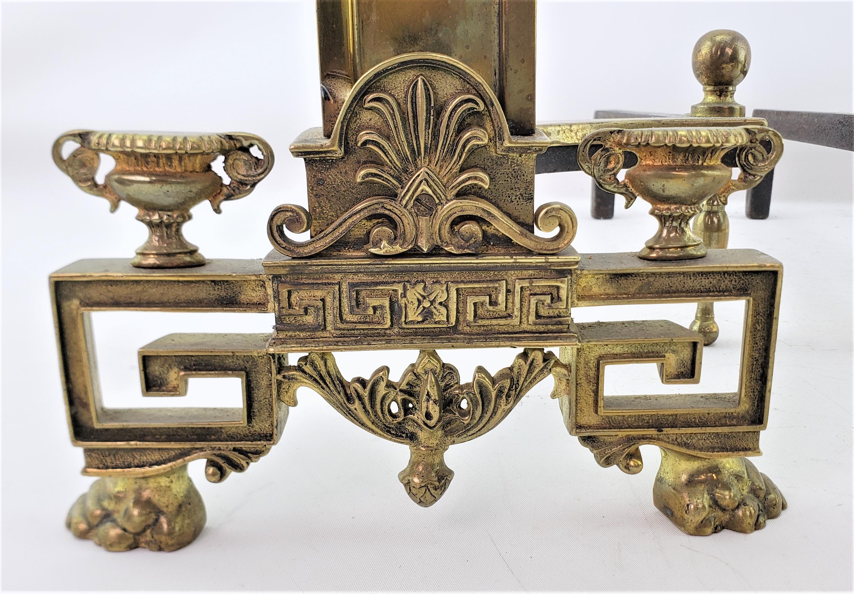 Antique Neoclassical Styled Andirons with Brass Urns & Lion Head Accents For Sale 5