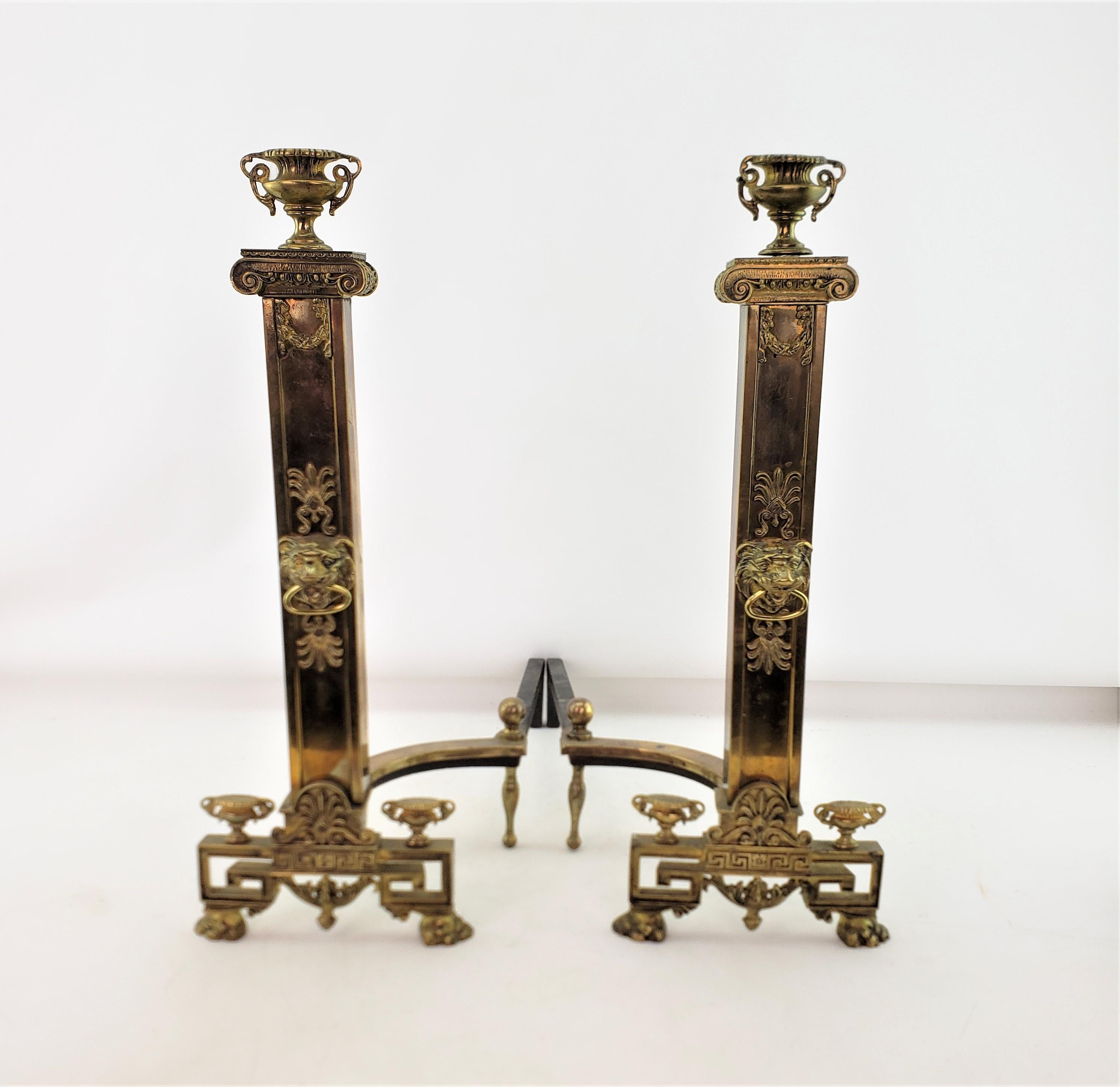 Neoclassical Revival Antique Neoclassical Styled Andirons with Brass Urns & Lion Head Accents For Sale