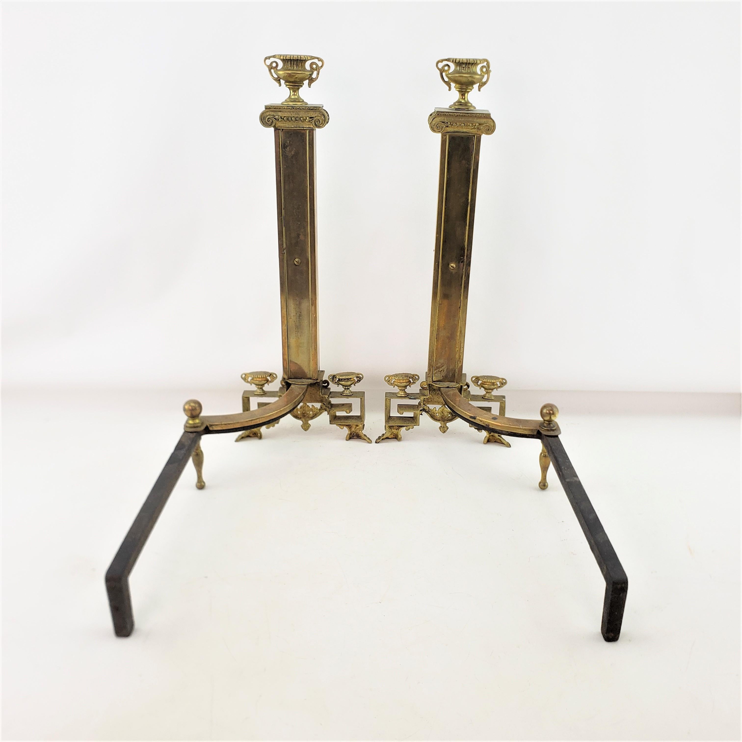 20th Century Antique Neoclassical Styled Andirons with Brass Urns & Lion Head Accents For Sale