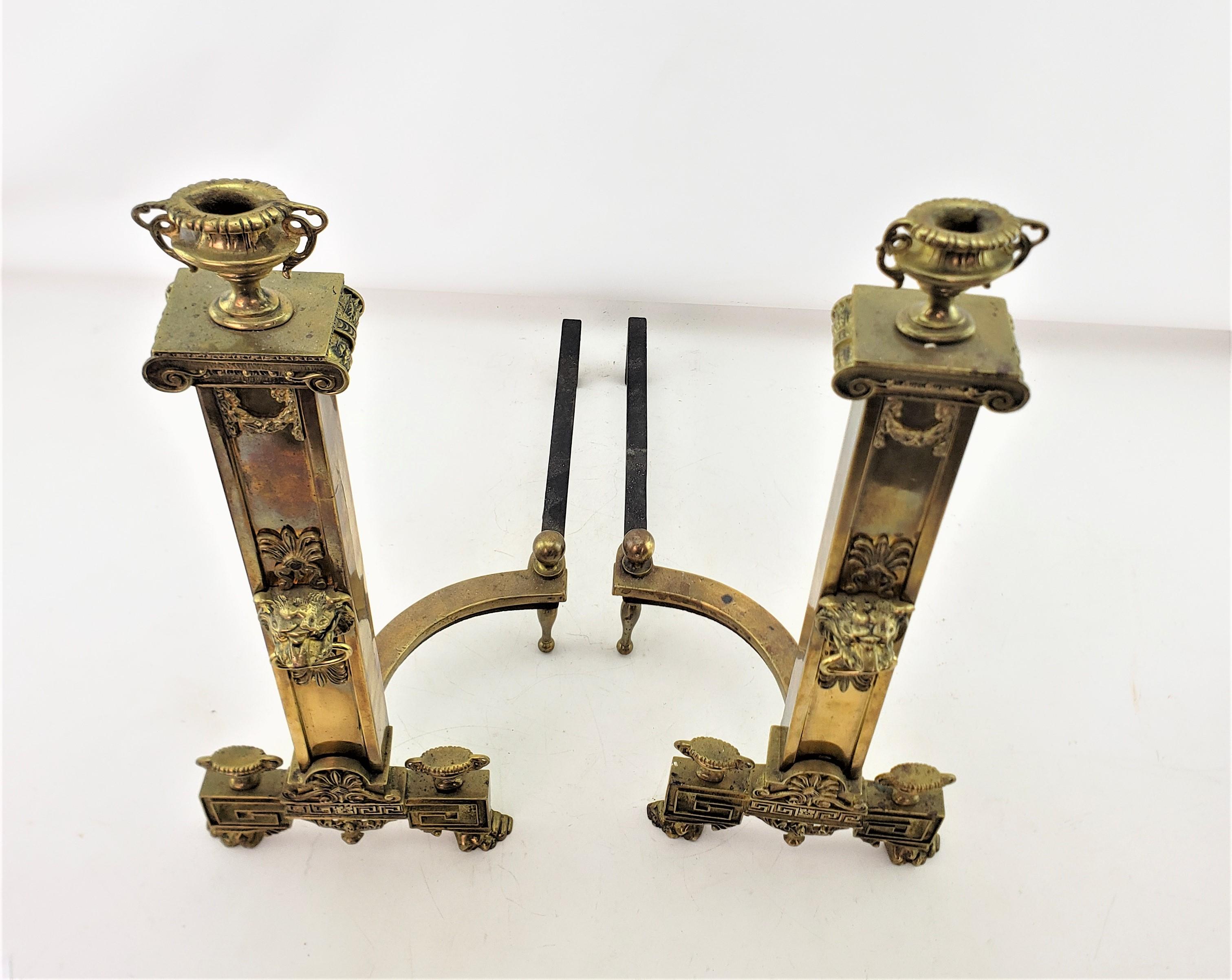 Antique Neoclassical Styled Andirons with Brass Urns & Lion Head Accents For Sale 1