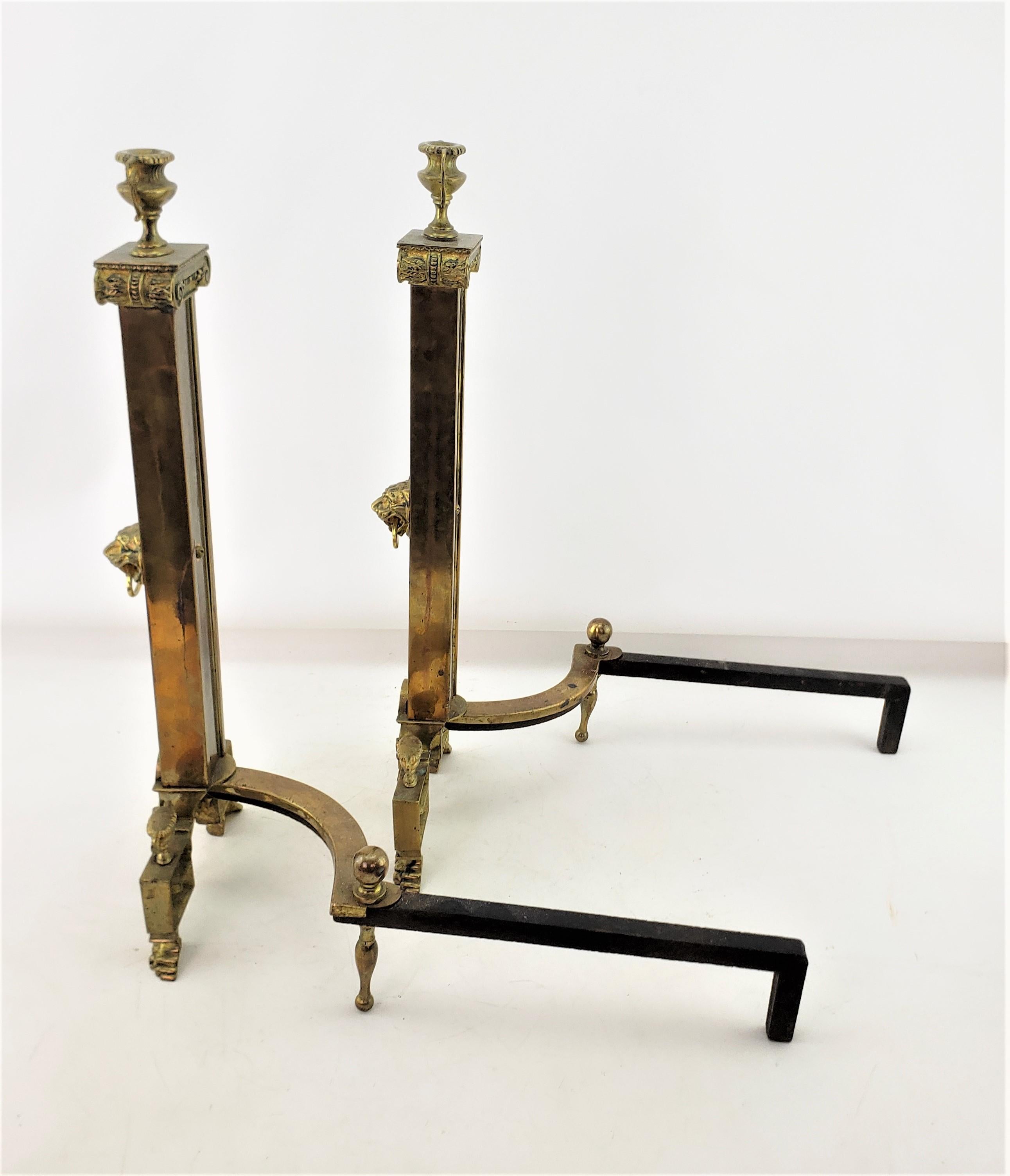 Antique Neoclassical Styled Andirons with Brass Urns & Lion Head Accents For Sale 2