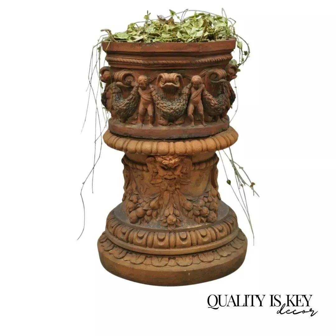 Antique Neoclassical Terracotta Garden Pedestal Planter Pot with Cherub Figures For Sale 6
