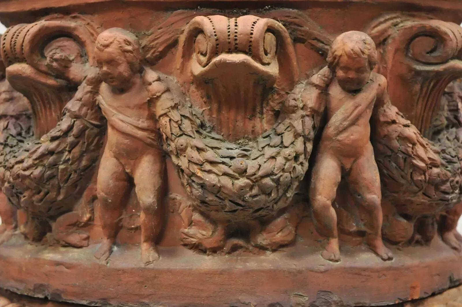 Other Antique Neoclassical Terracotta Garden Pedestal Planter Pot with Cherub Figures For Sale