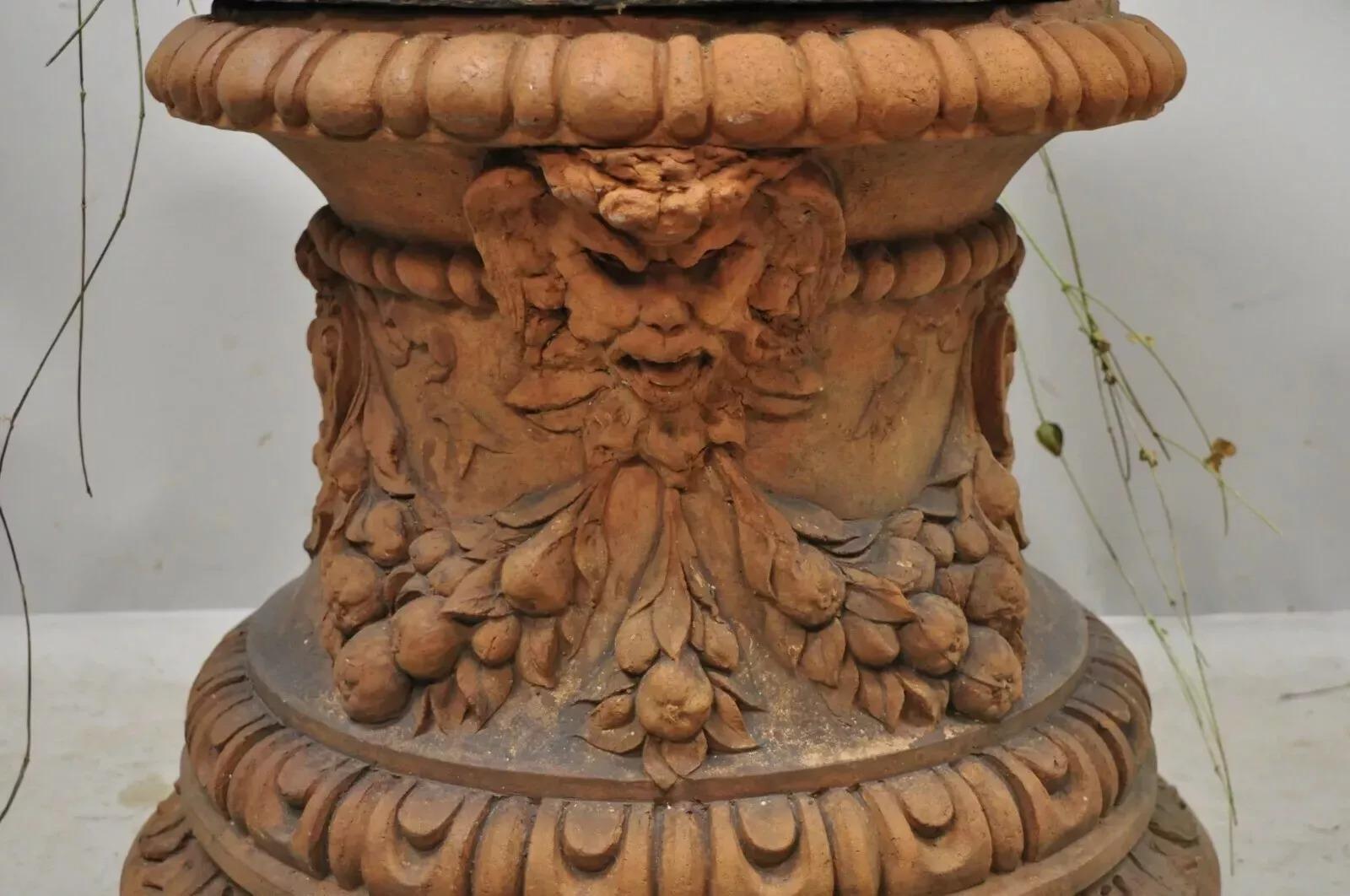 Antique Neoclassical Terracotta Garden Pedestal Planter Pot with Cherub Figures In Good Condition For Sale In Philadelphia, PA