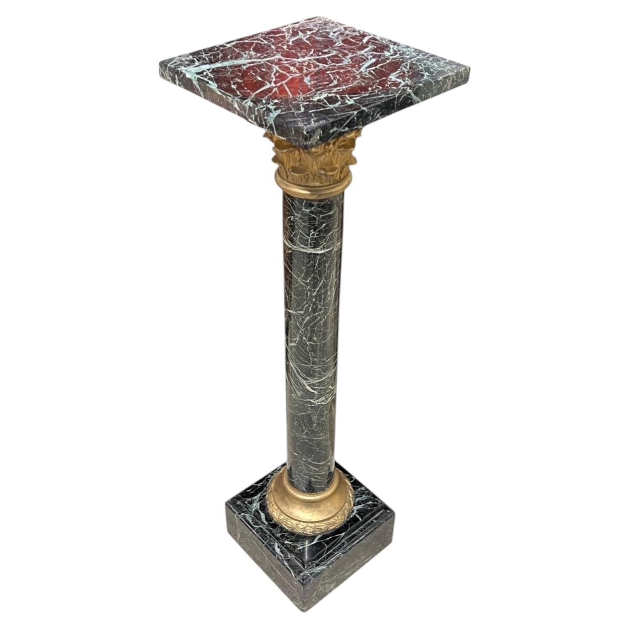 Antique Neoclassical Variegated Green Marble and Gilt Bronze Pedestal