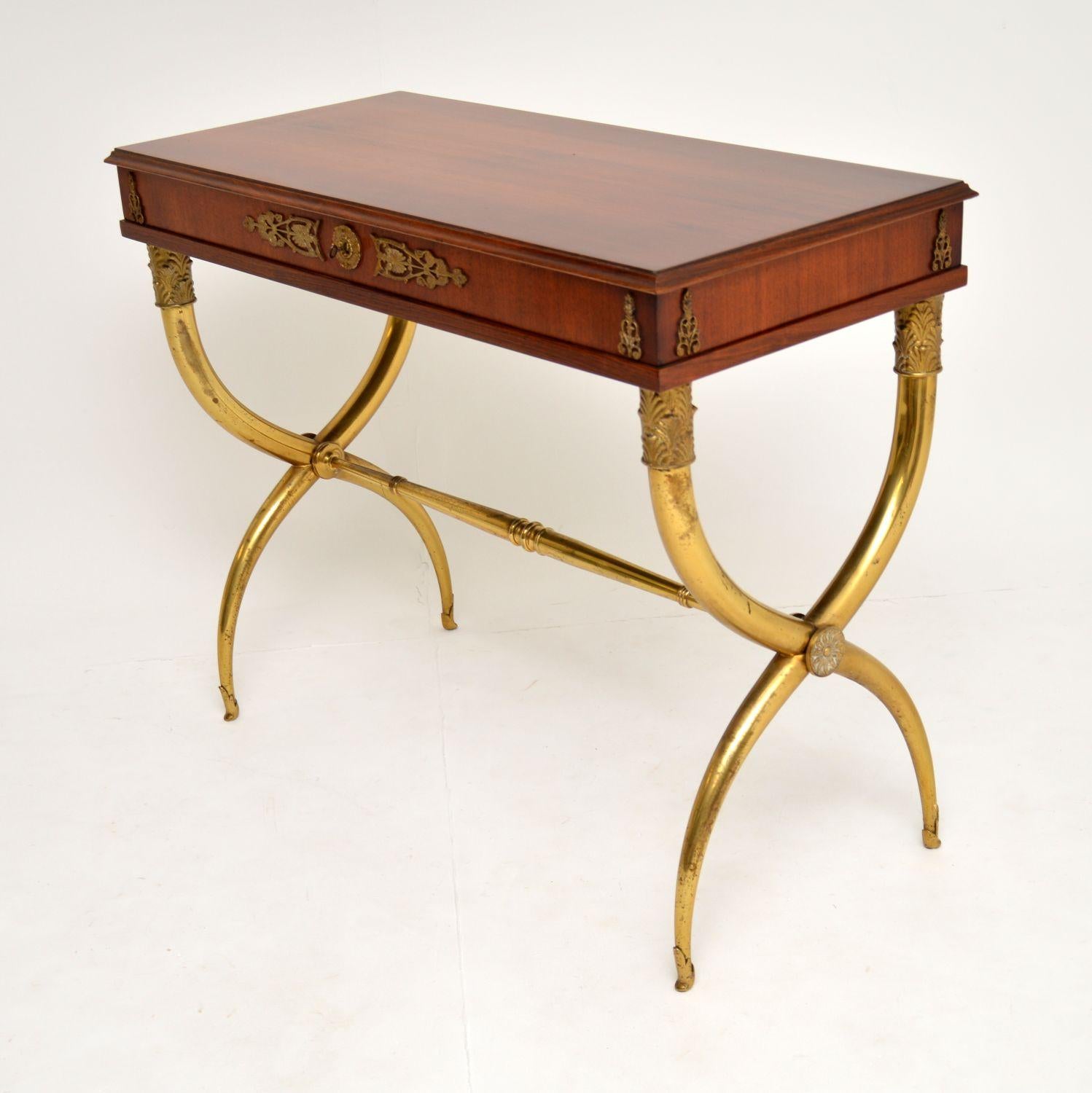 French Antique Neoclassical Walnut and Brass Writing / Side Table