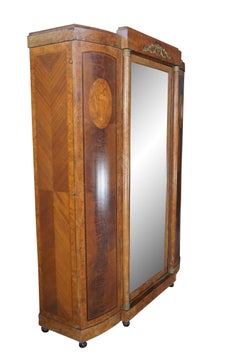 Antique Neoclassical Walnut Olive Ash Burl Knockdown Armoire Wardrobe Mirror 86"