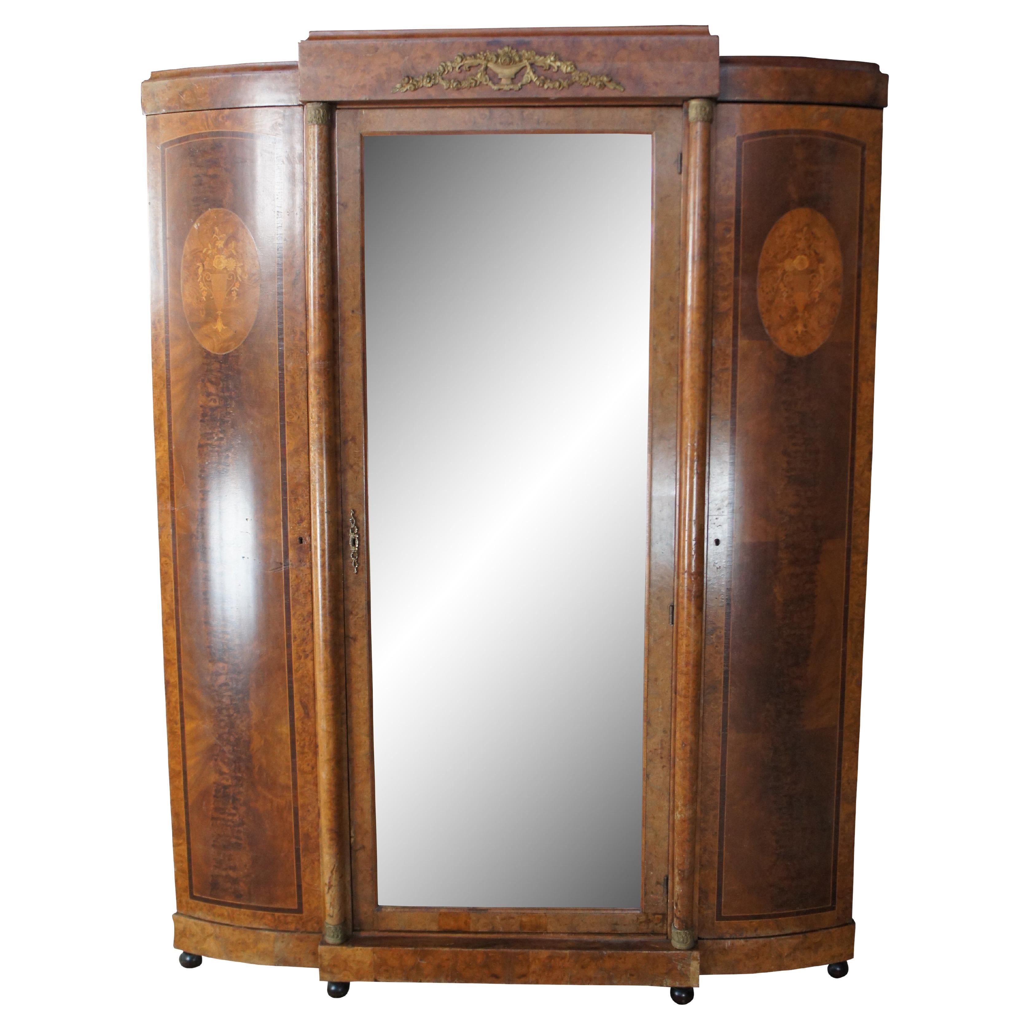 Antique Mirror Neoclassico in legno di noce, olivo e frassino, Armadio Specchio 86".