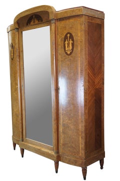 Antique Neoclassical Walnut Olive Ash Burl Knockdown Armoire Wardrobe Mirror