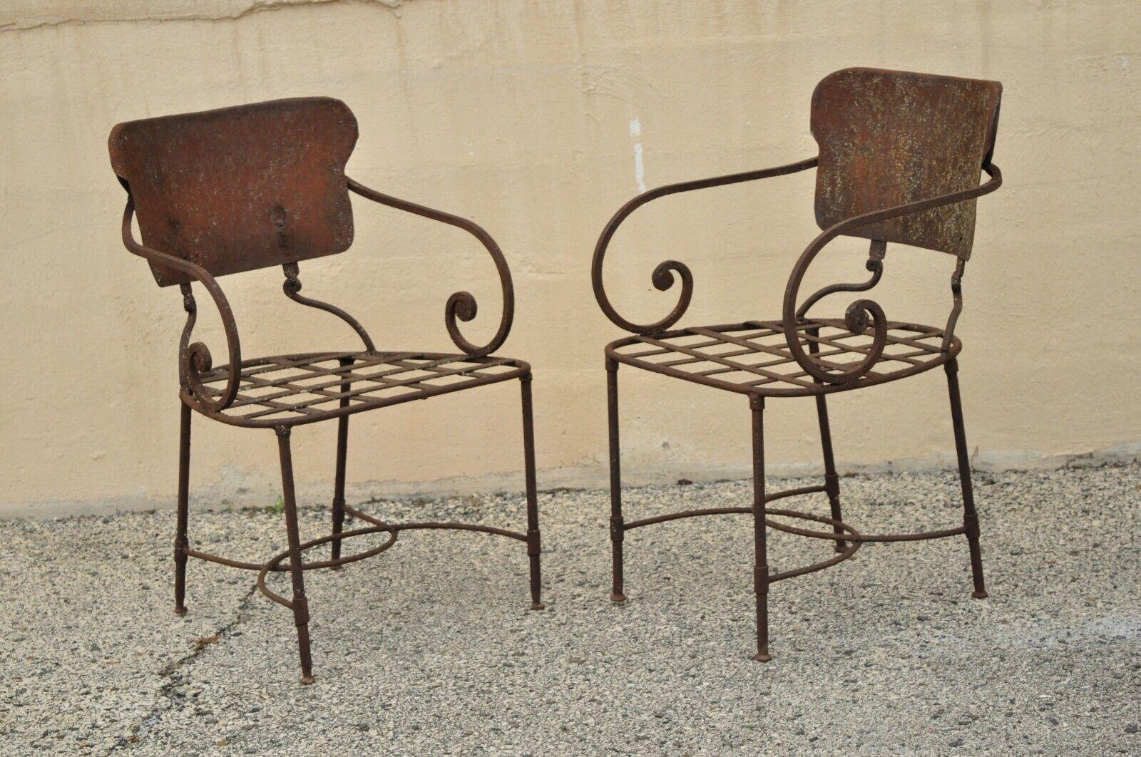 Antique Neoclassical Wrought Iron Outdoor Garden Scrolling Arm Chairs, a Pair 7