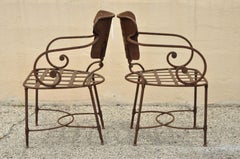 Antique Neoclassical Wrought Iron Outdoor Garden Scrolling Arm Chairs, a Pair