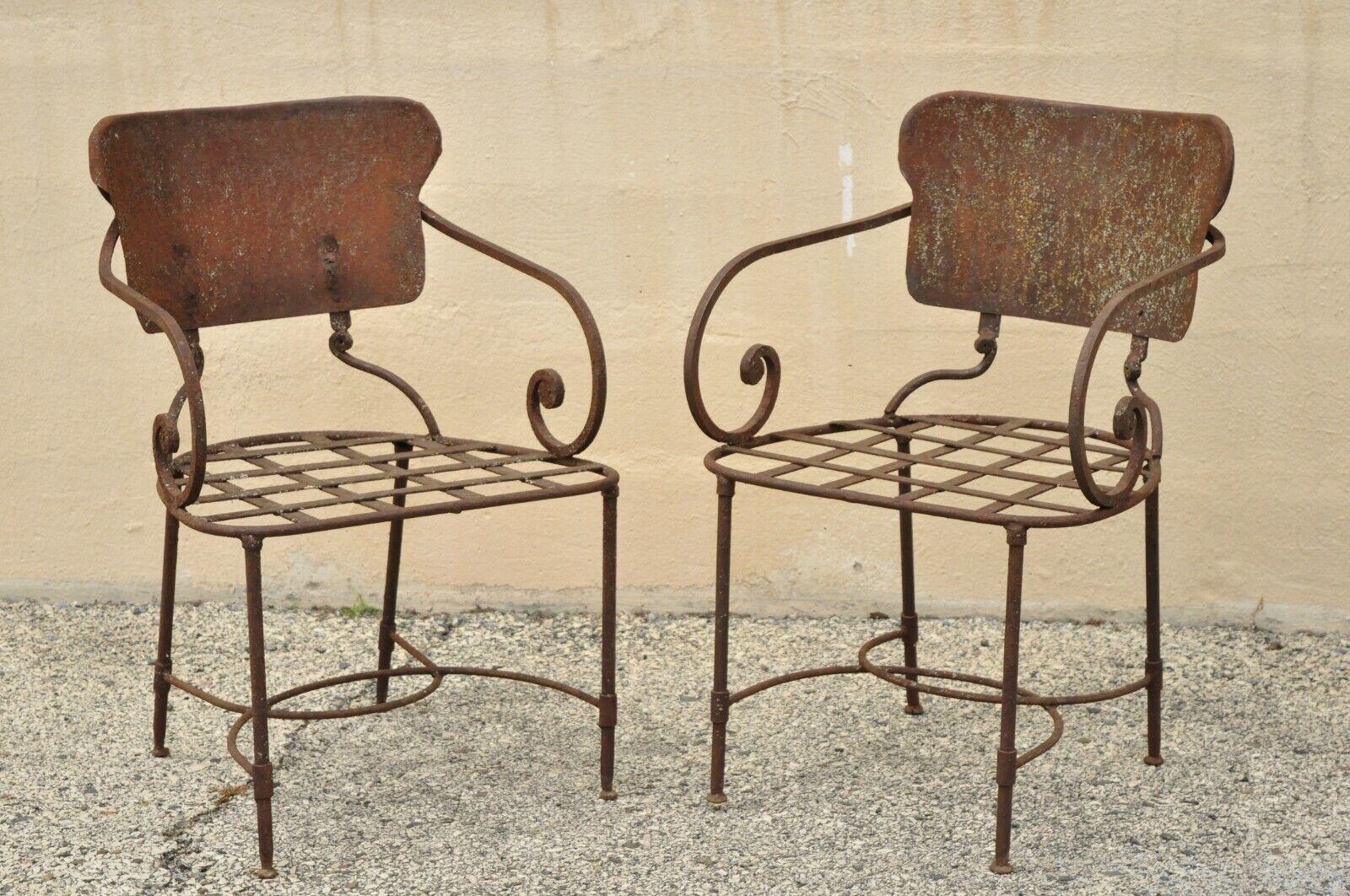 Antique Neoclassical Wrought Iron Outdoor Garden Scrolling Arm Chairs, a Pair 5