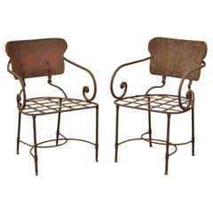 Antique Neoclassical Wrought Iron Outdoor Garden Scrolling Arm Chairs, a Pair