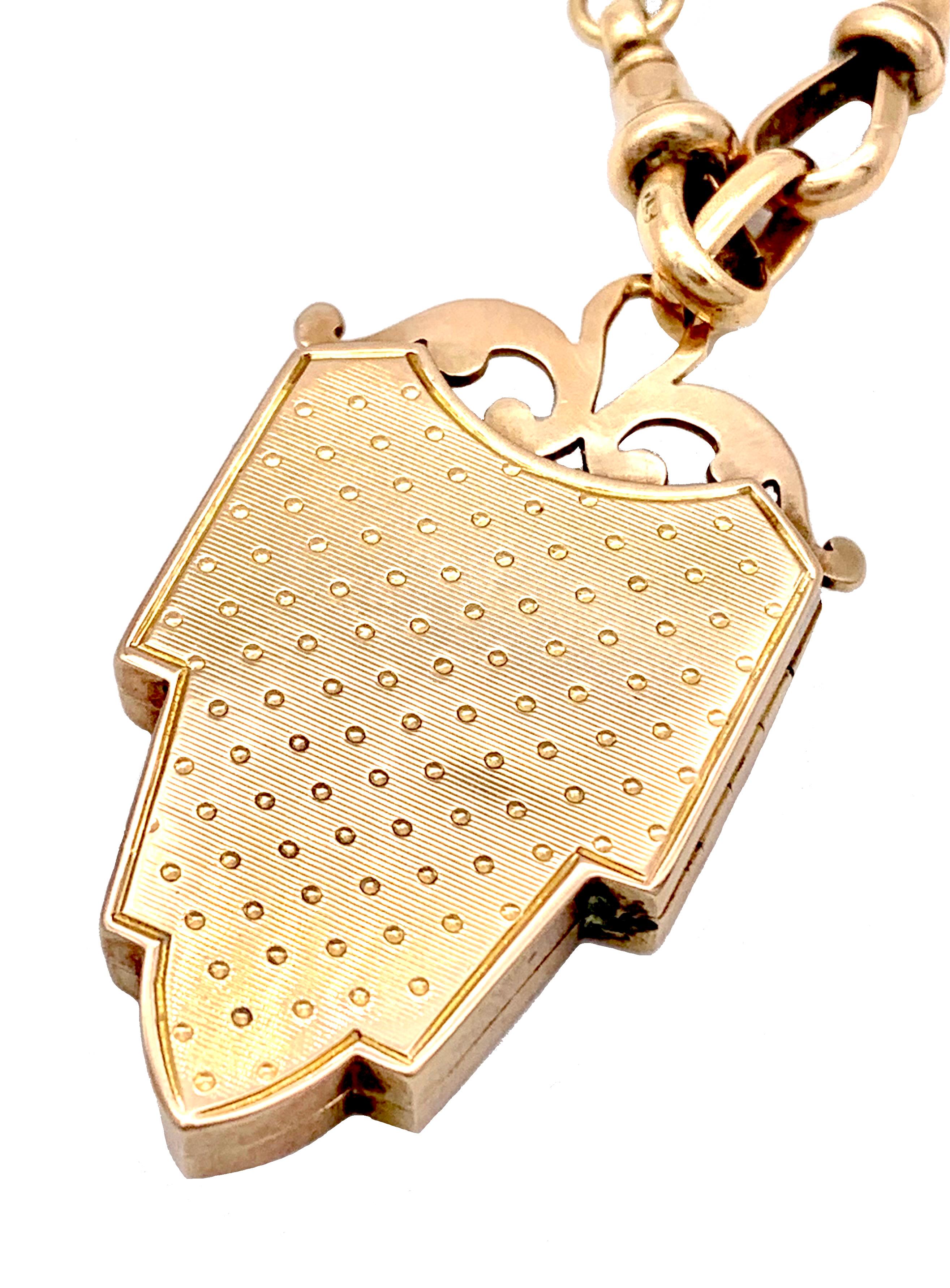 Women's or Men's Antique Neogothic Locket Pendant 18 Kt Rose Yellow Gold on 15 kt Gold Watchchain For Sale
