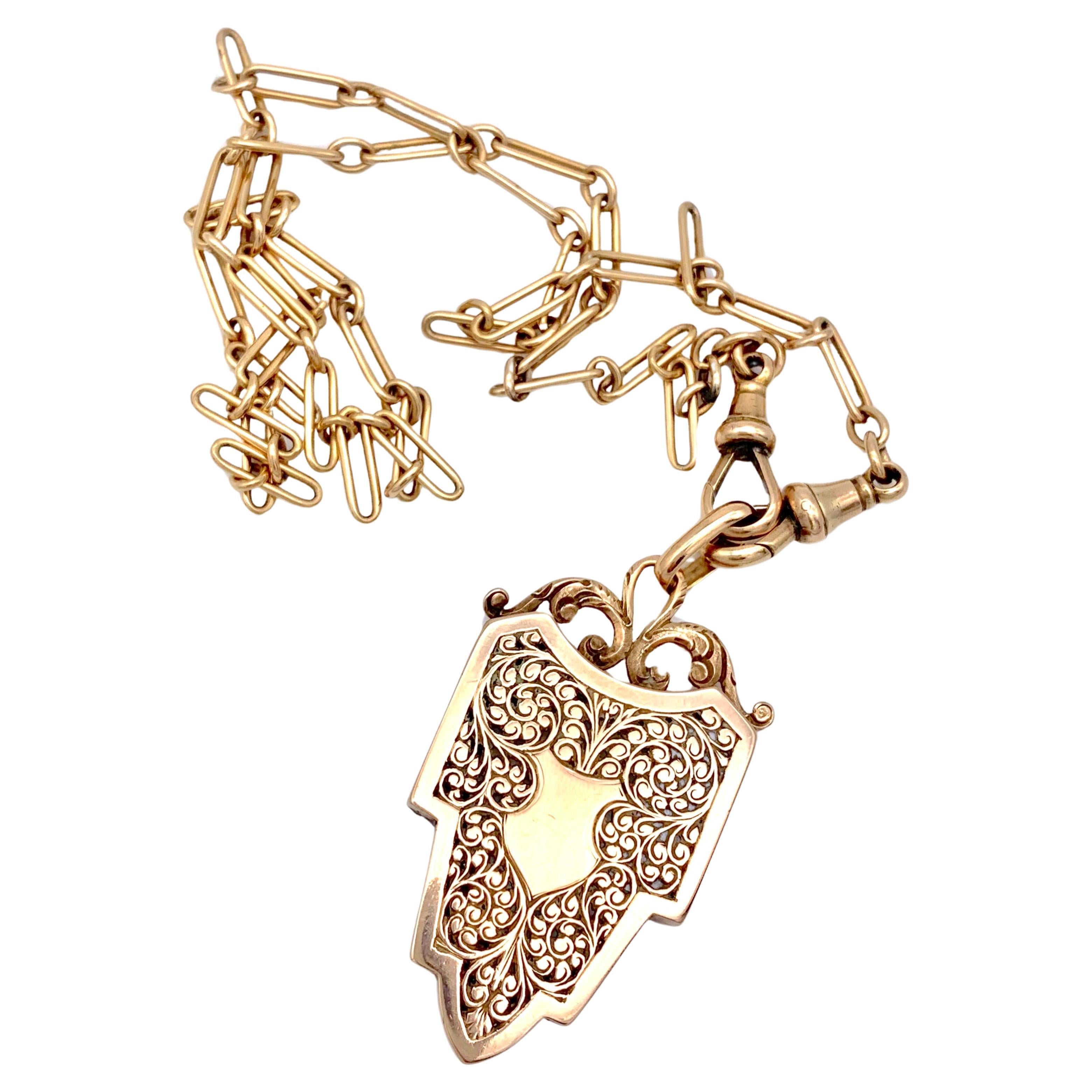Antique Neogothic Locket Pendant 18 Kt Rose Yellow Gold on 15 kt Gold Watchchain For Sale