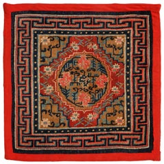 Antique Nepalese Red and Blue Wool Rug Floral Pattern