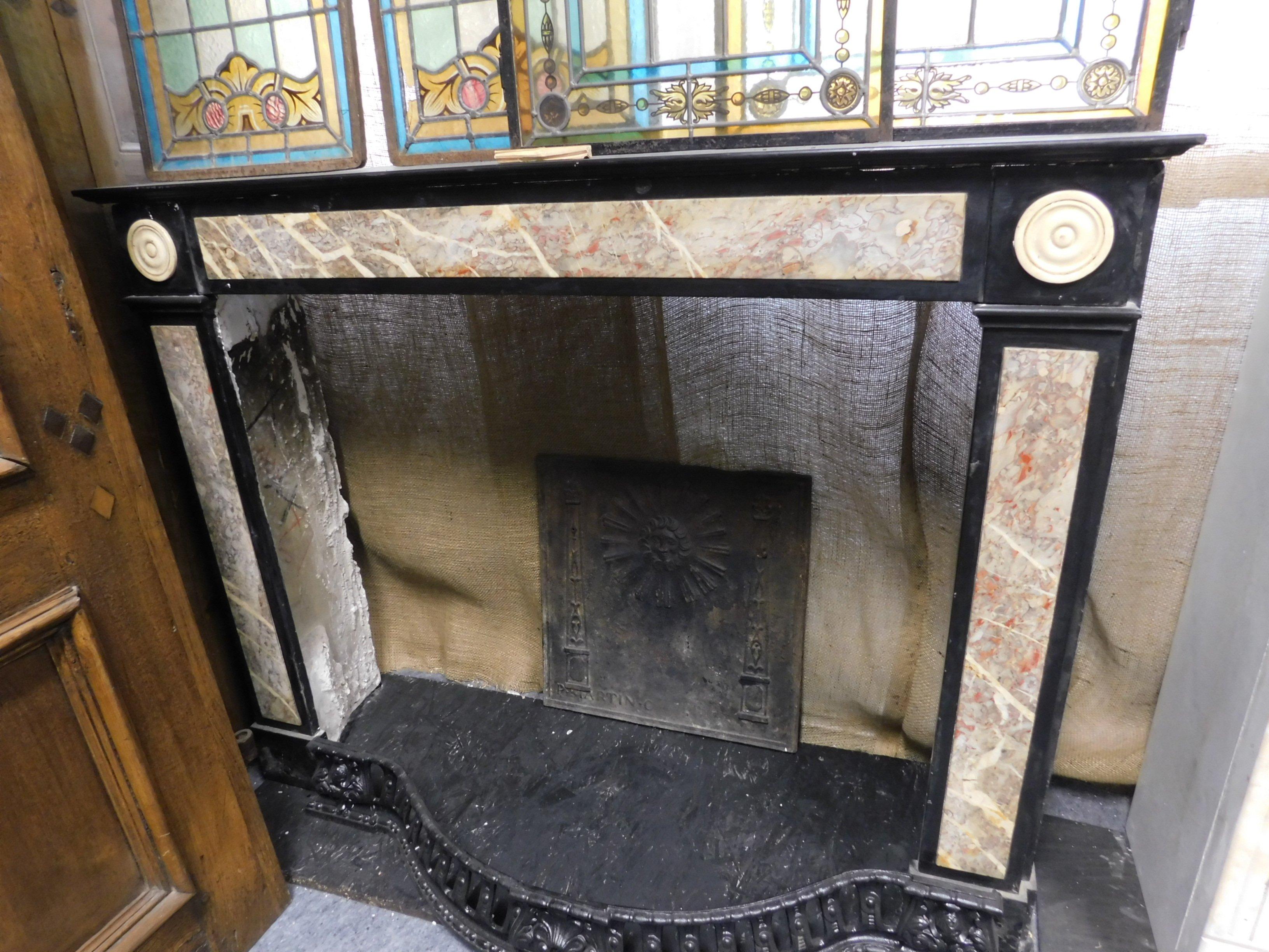 Hand-Carved Antique Nero Belgio Marble Fireplace Mantel For Sale