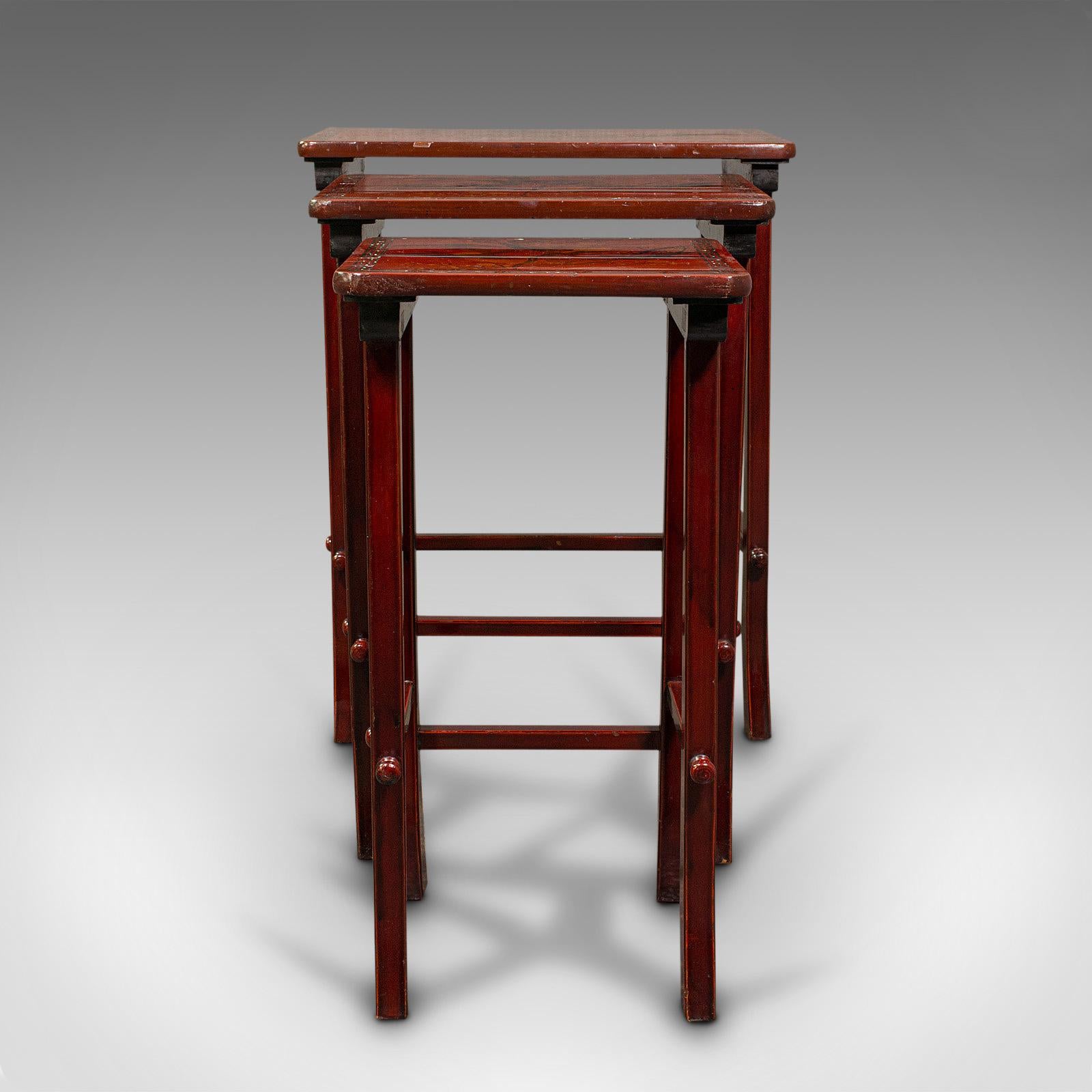 Elm Antique Nest of 3 Occasional Side Tables, Oriental, Japanned, Victorian, C.1900 For Sale
