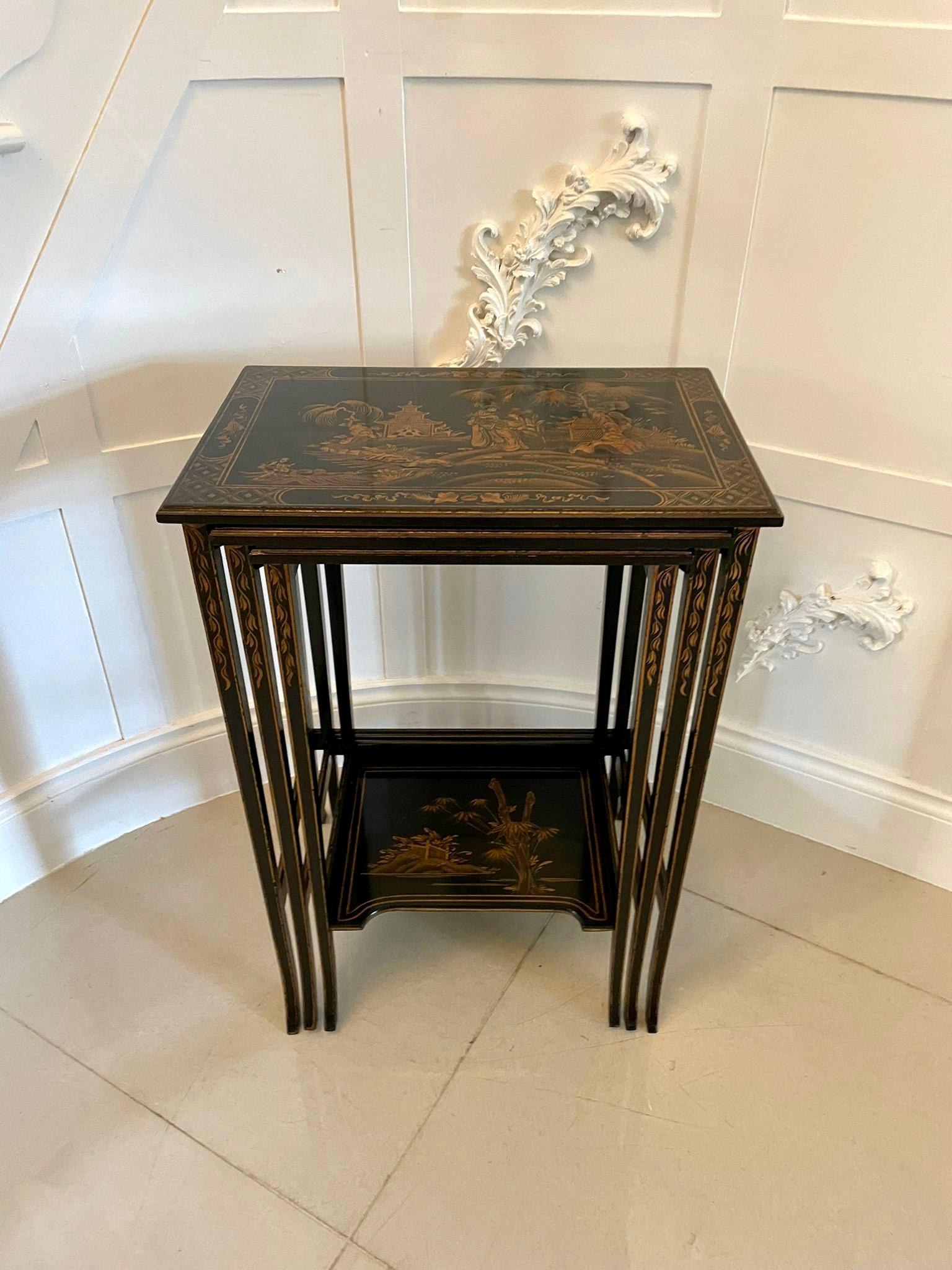 Antique Nest of 3 Quality Chinoiserie Decorated Tables For Sale 4