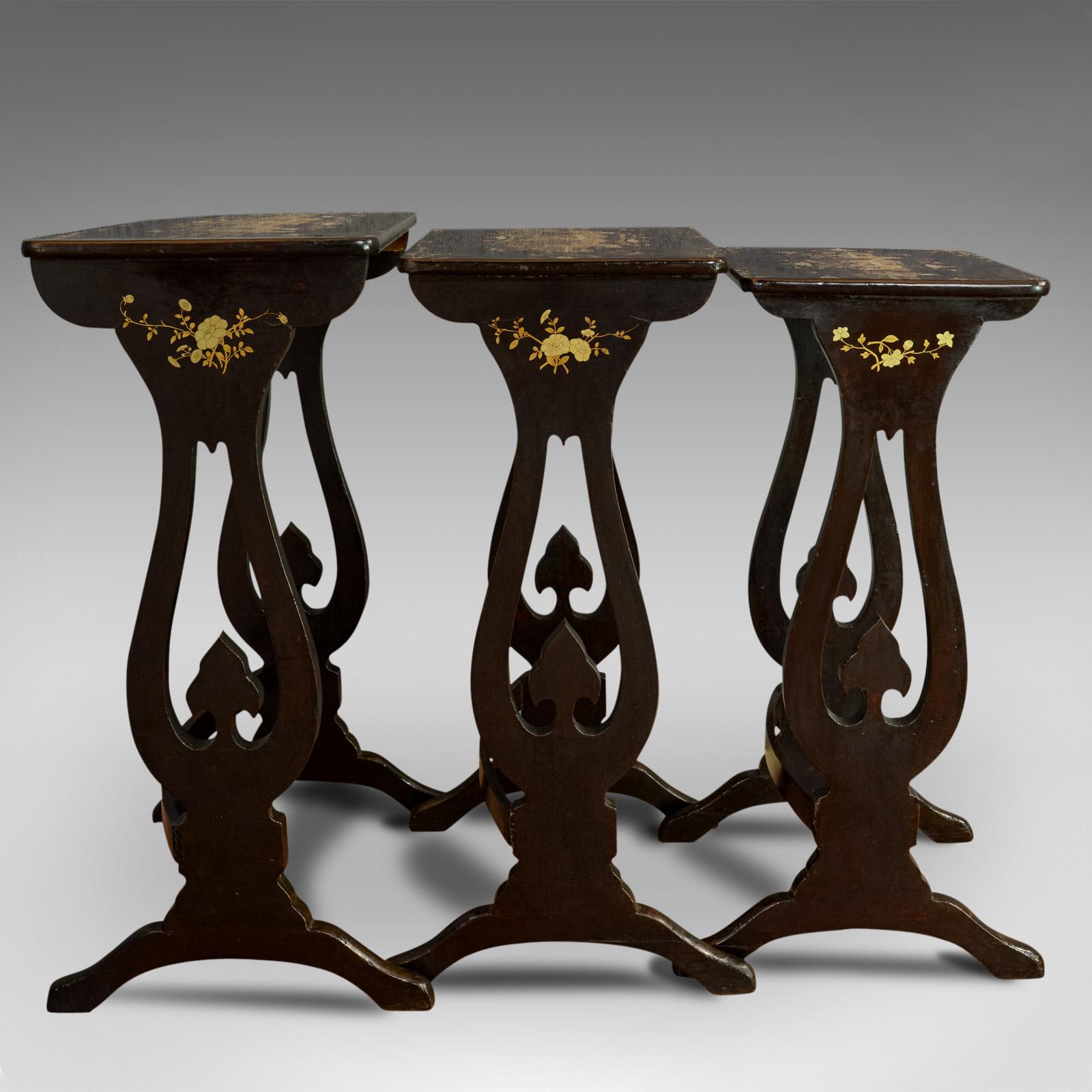 Ebonized Antique Nest of Occasional Tables, Oriental Trio Japanned, Victorian, circa 1880