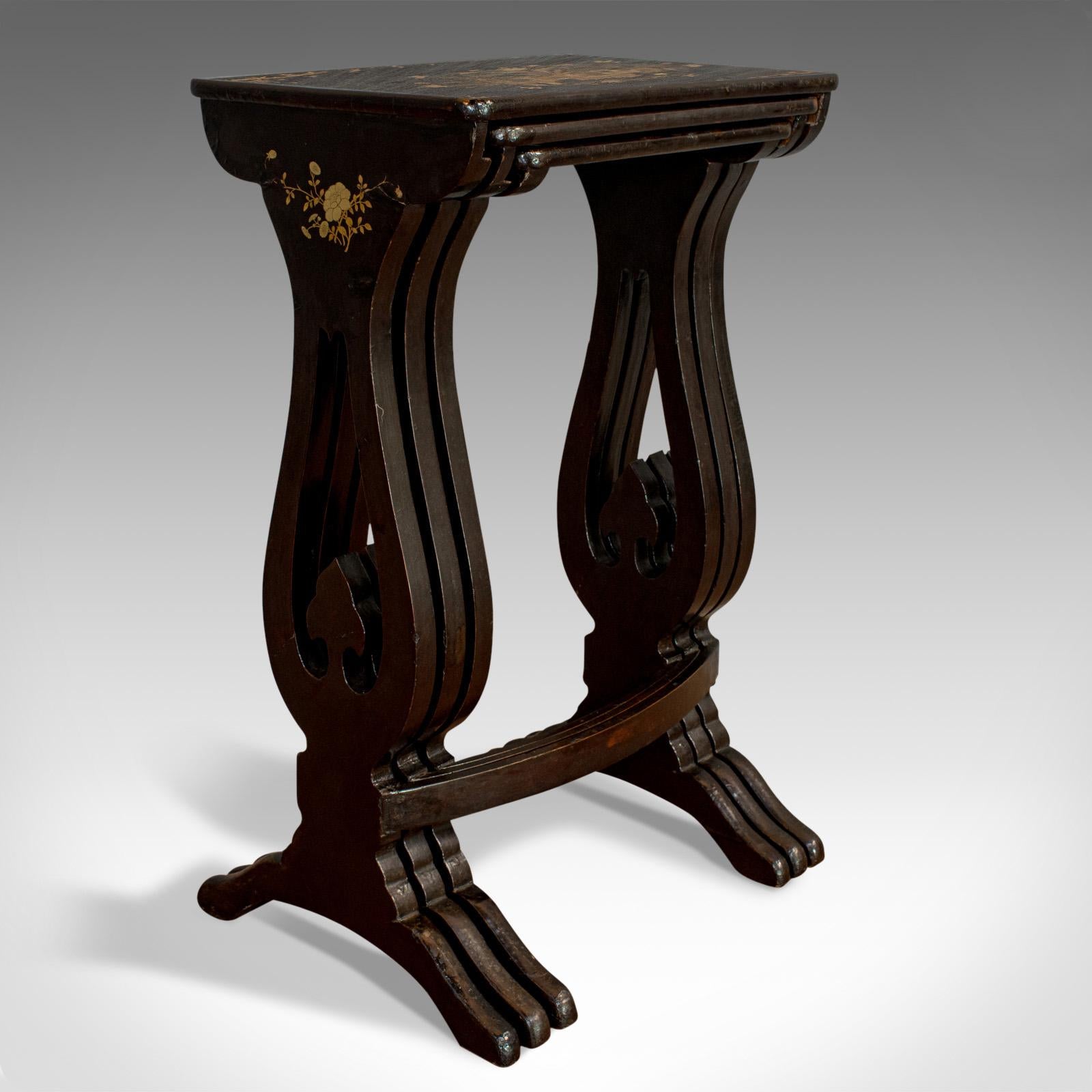 19th Century Antique Nest of Occasional Tables, Oriental Trio Japanned, Victorian, circa 1880
