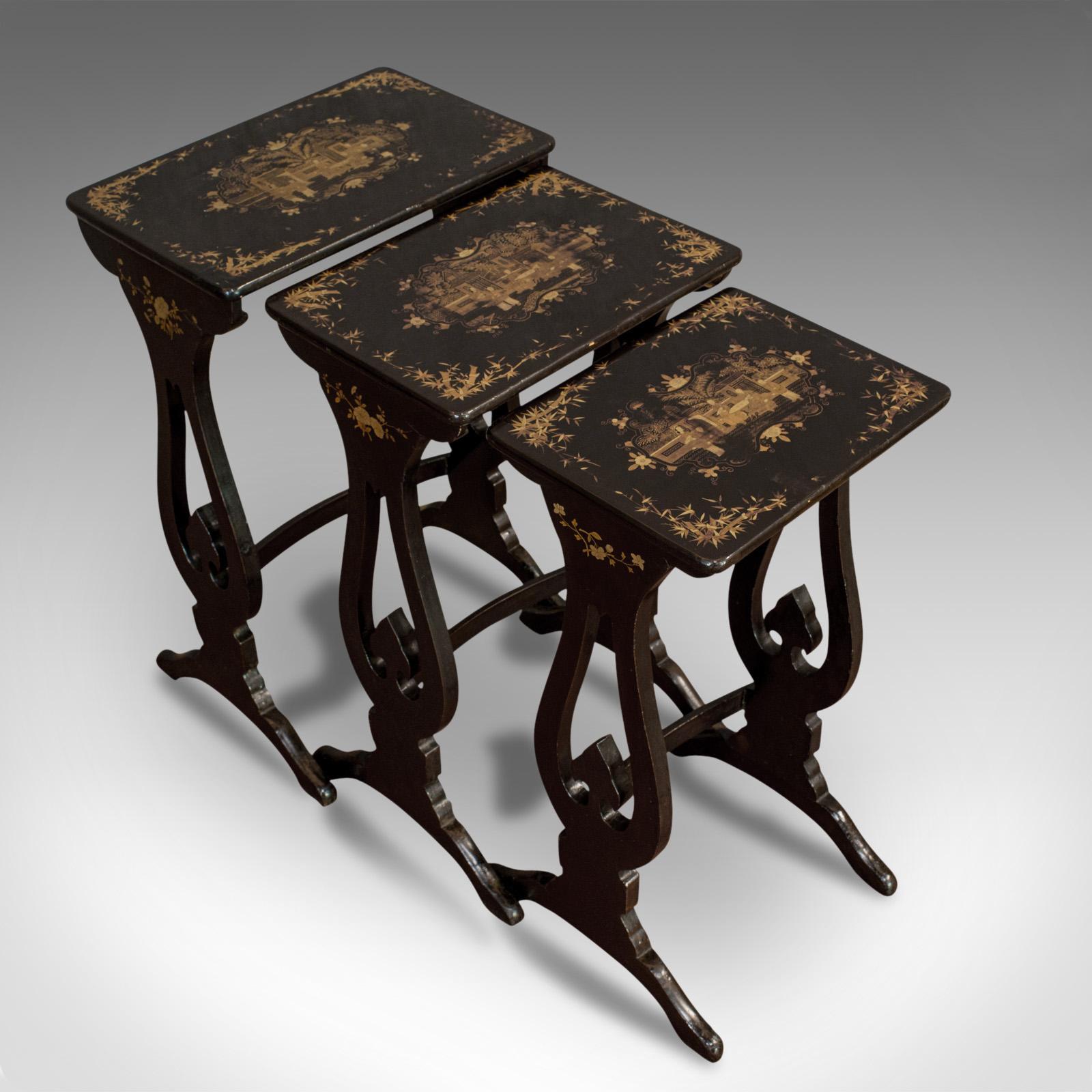 Wood Antique Nest of Occasional Tables, Oriental Trio Japanned, Victorian, circa 1880